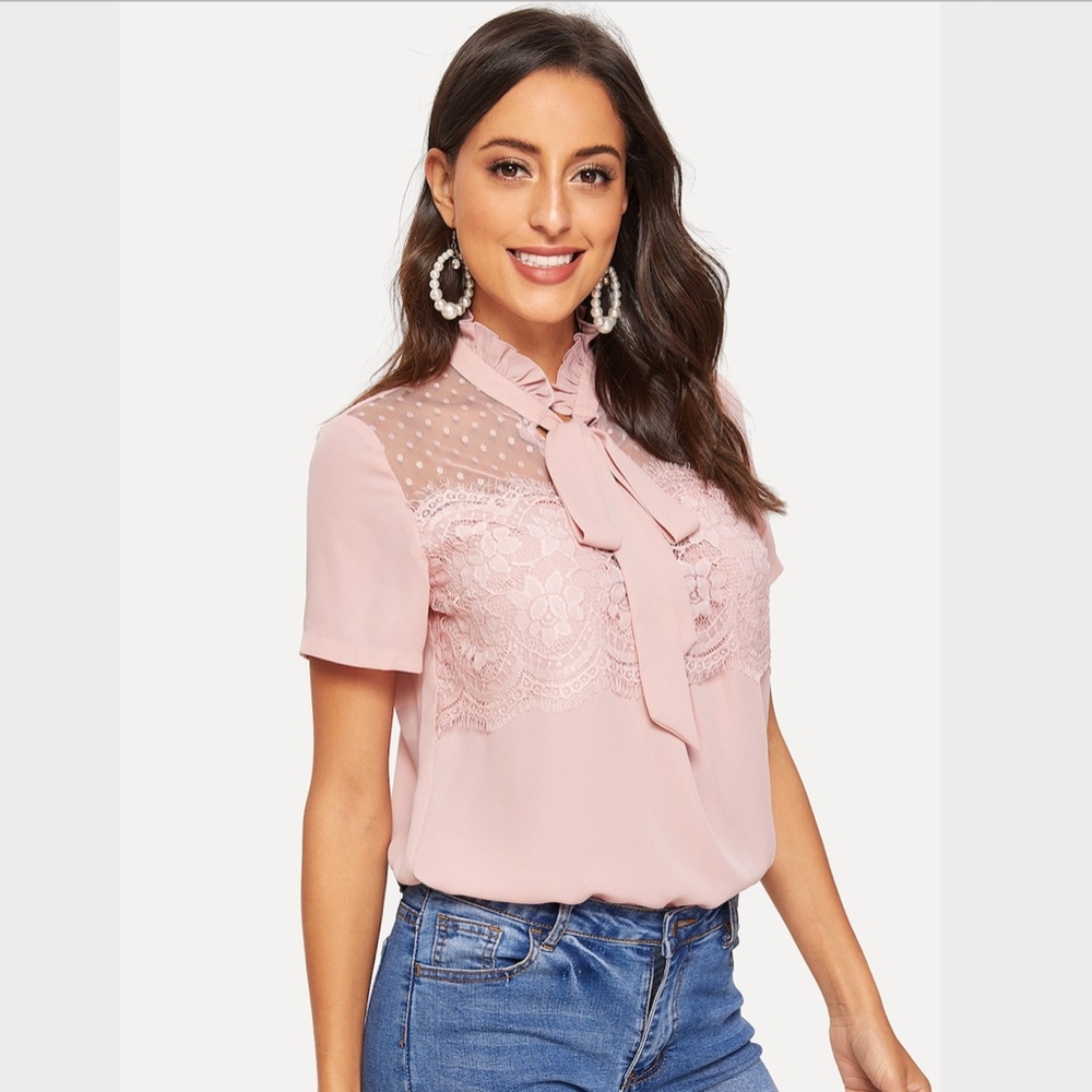 Frilled Tie Neck Lace Appliqué Top Blush Pink - Picture 3 of 6
